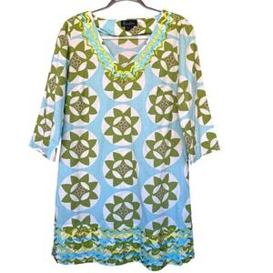 Boden Dress Womens 14 Blue Green Geometric V Neck 3/4 Sleeve Cotton Tunic Boho